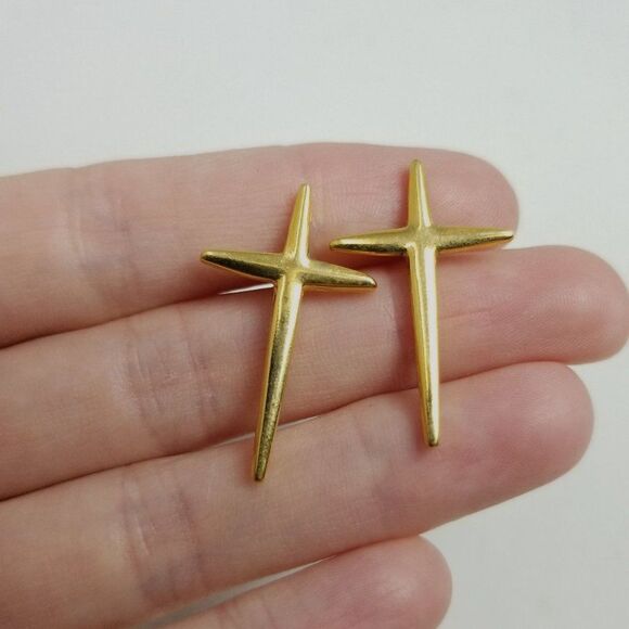 Vintage Gold Tone Cross Shape Stud Earrings, Religious Posts, Nice Size - Picture 6 of 6
